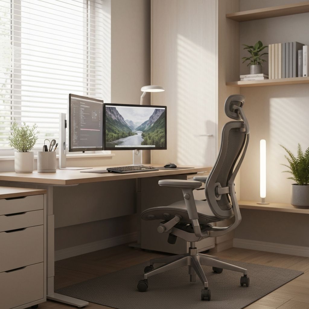 Modern home office setup with dual monitors