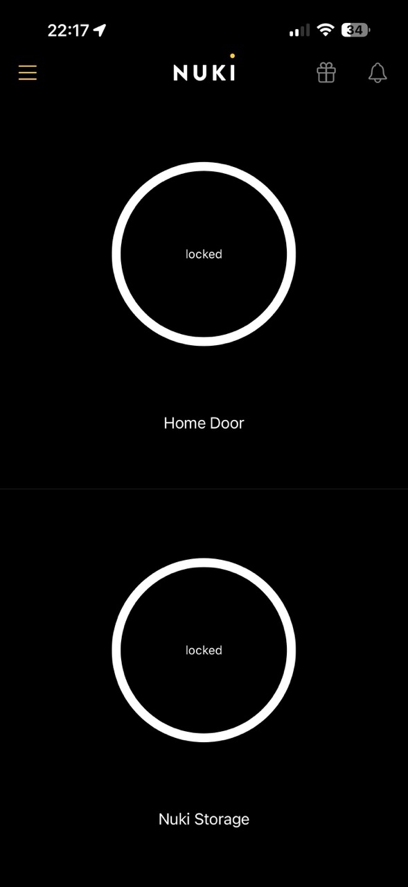 Nuki app home screen showing Home Door and Nuki Storage both locked
