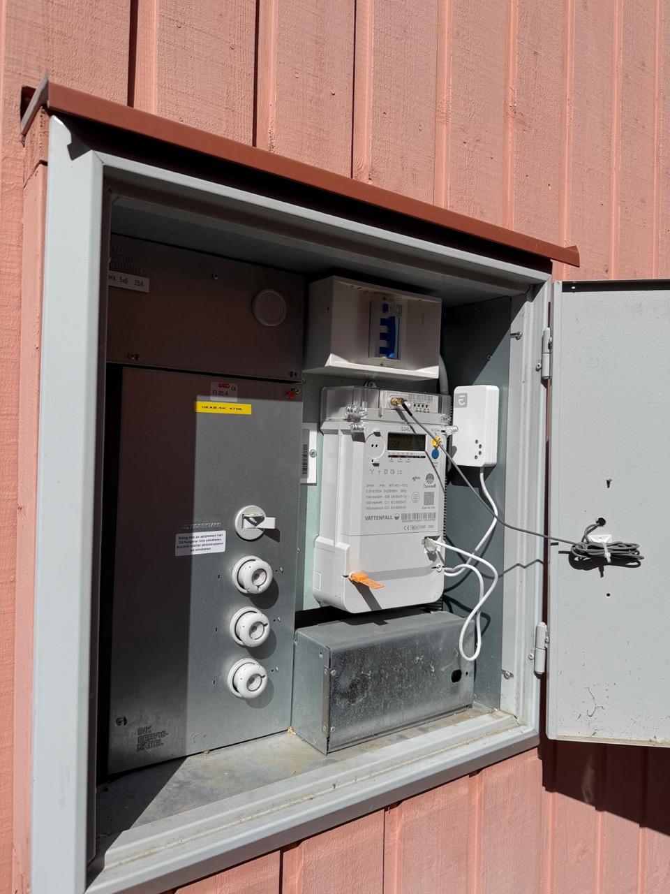 Fuse box closed with new breakers visible inside