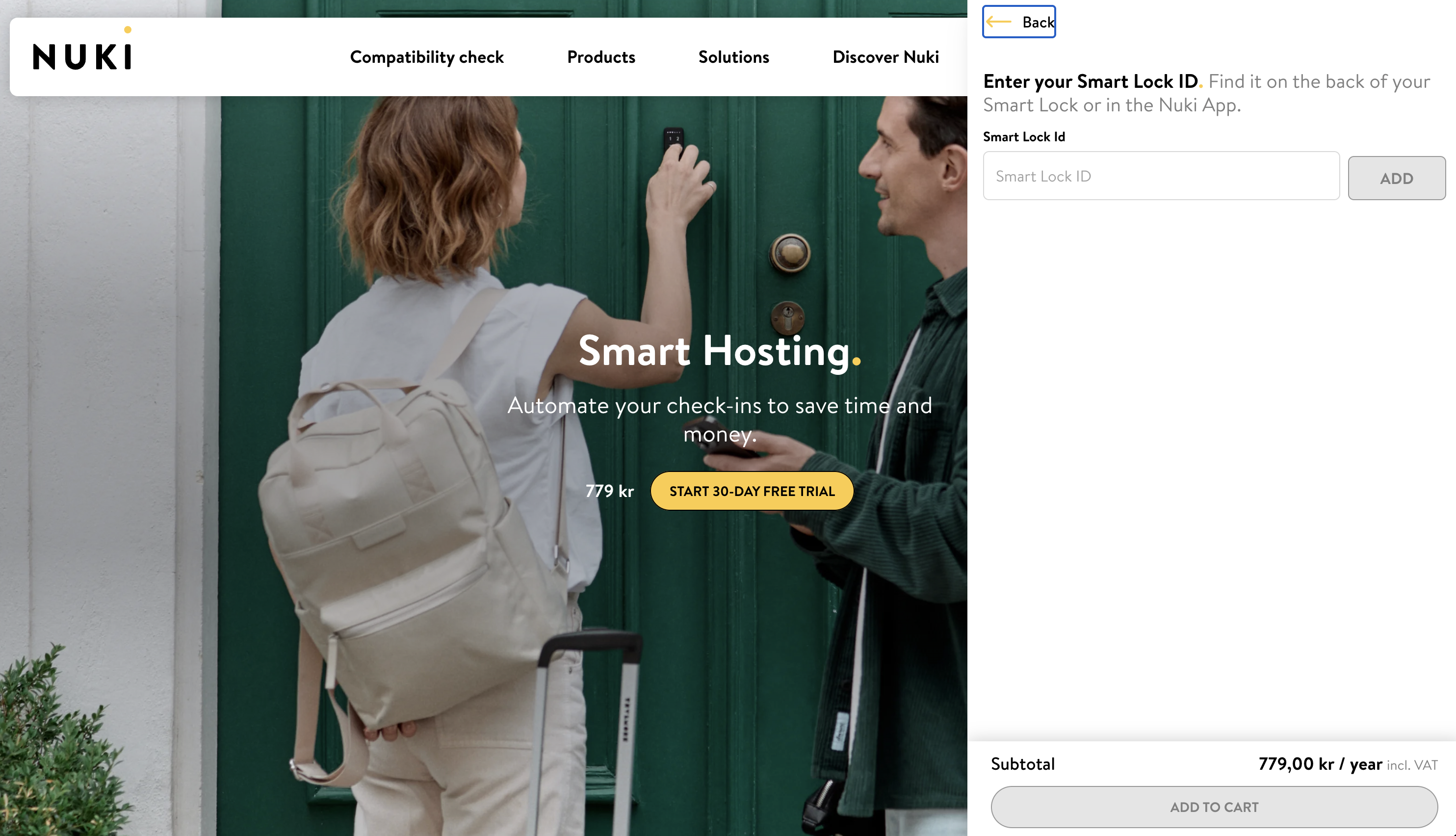 Nuki Smart Hosting landing page showing 779 SEK per year and 30-day free trial
