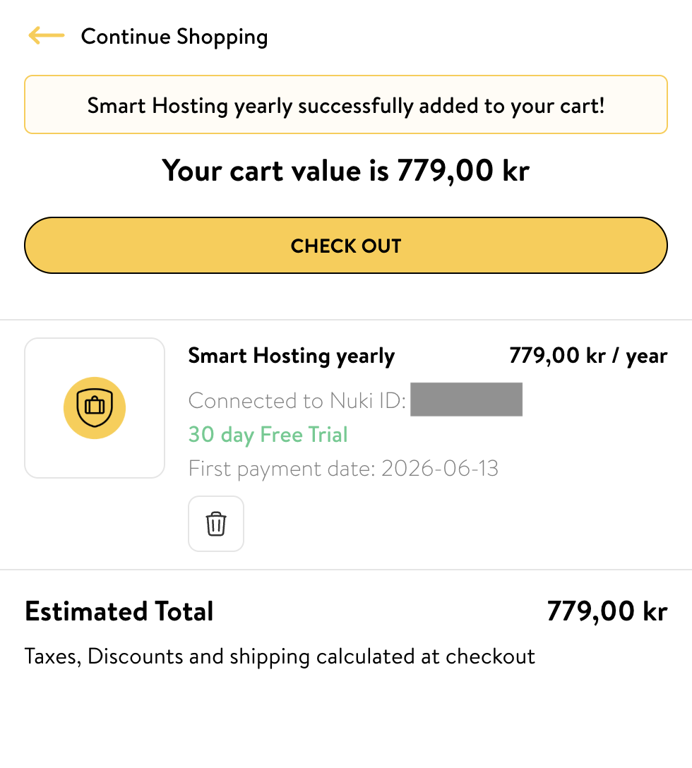 Nuki cart confirmation showing Smart Hosting yearly subscription added with 30-day free trial