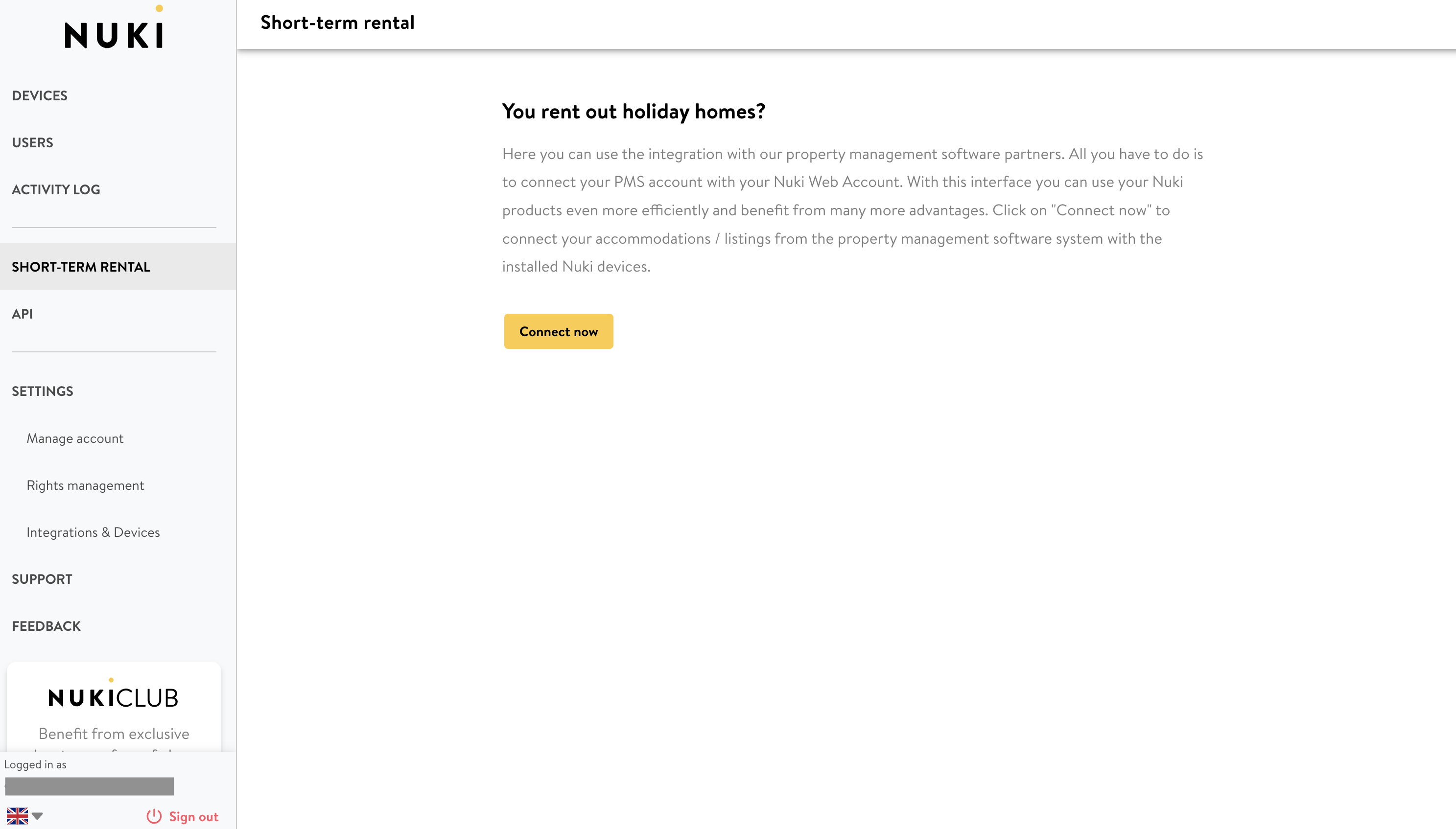 Nuki Web Short-term rental setup screen with Connect Now button