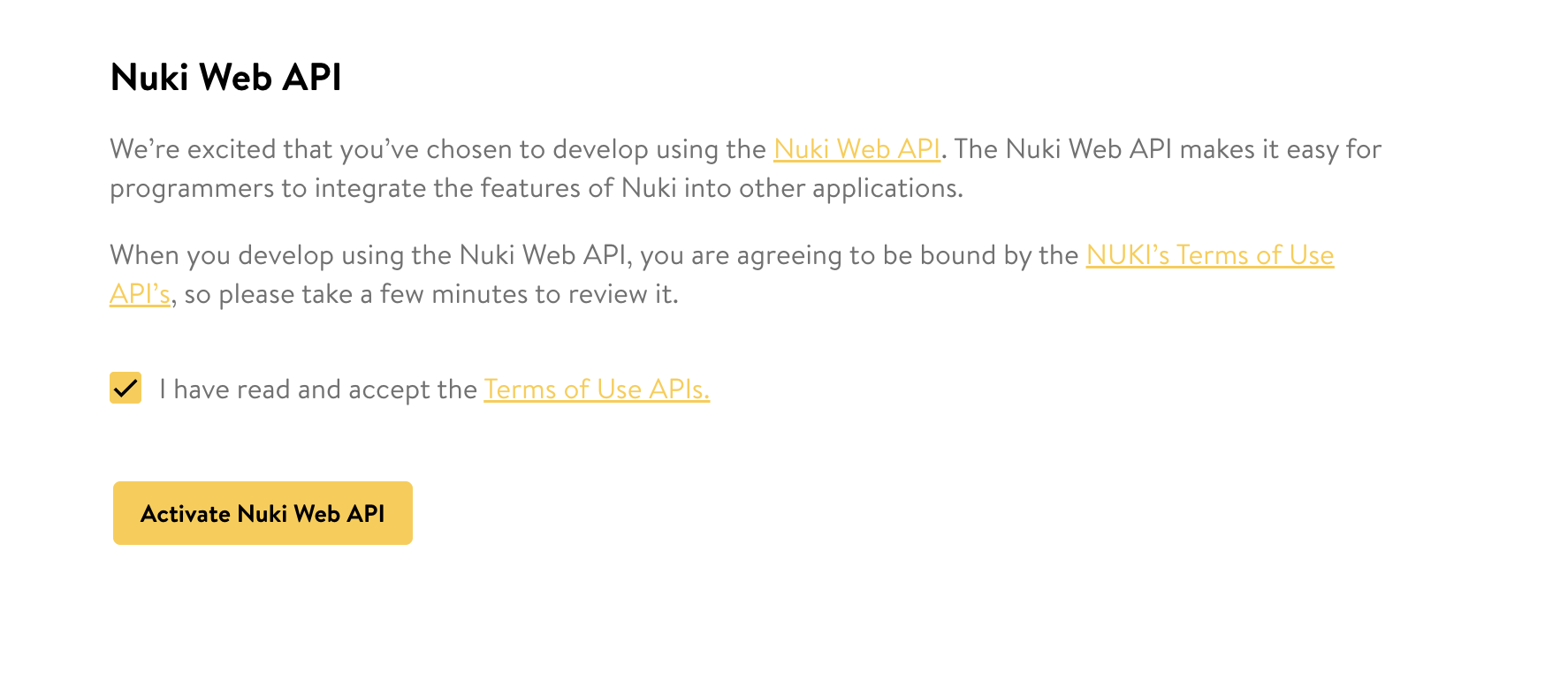 Nuki Web API activation screen with terms-of-use checkbox and Activate button