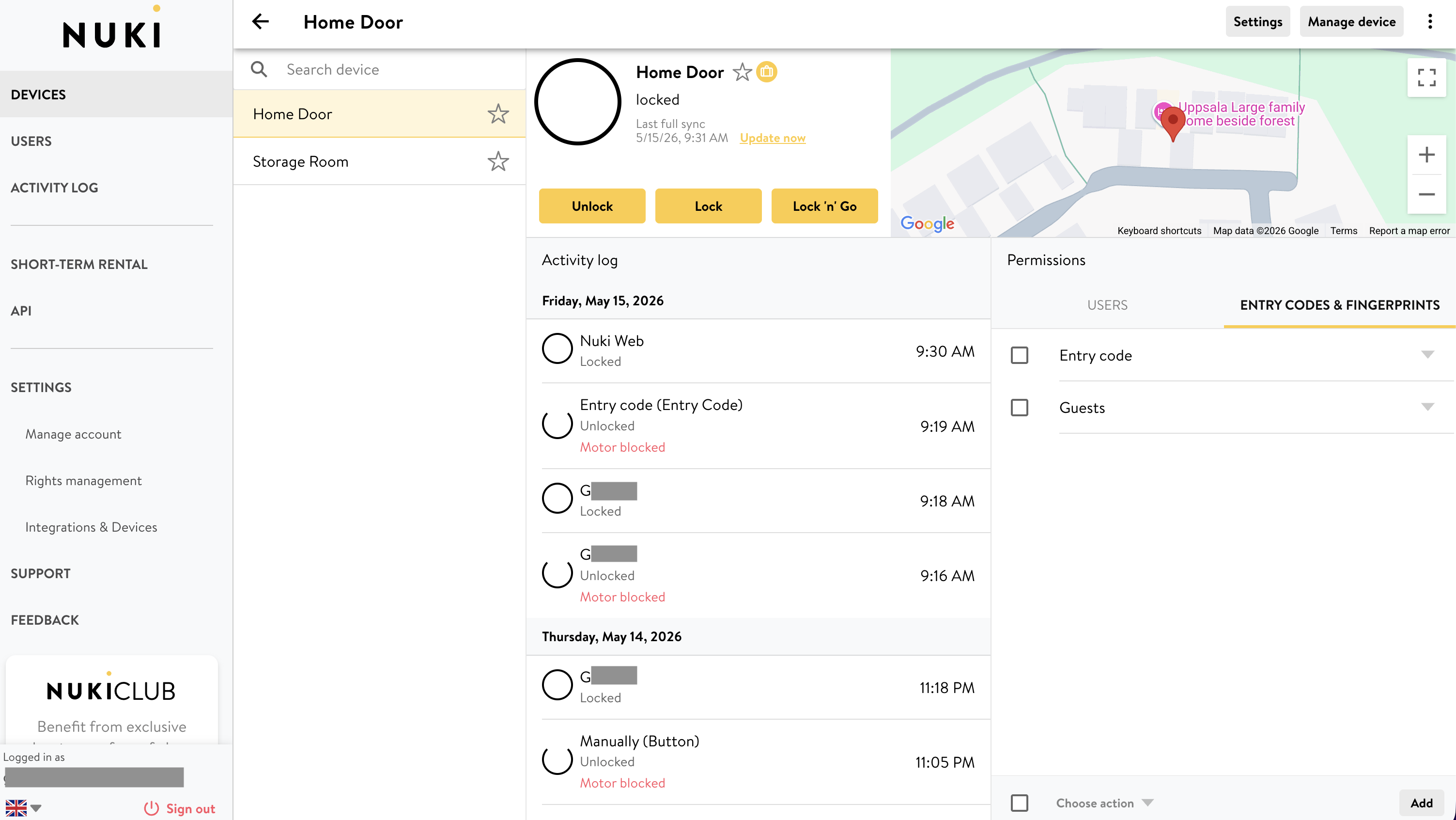 Nuki Web dashboard showing Home Door and Storage Room with activity log and entry-code permissions